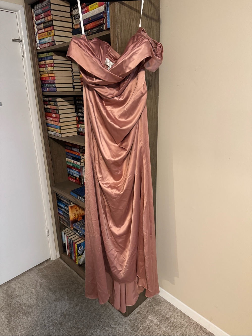 Off-Shoulder Satin Maxi Dress in Dusty Rose